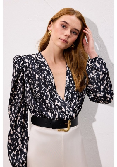 Sateen Kruvaze Bodysuit Bluz - Siyah-136747 Siyah