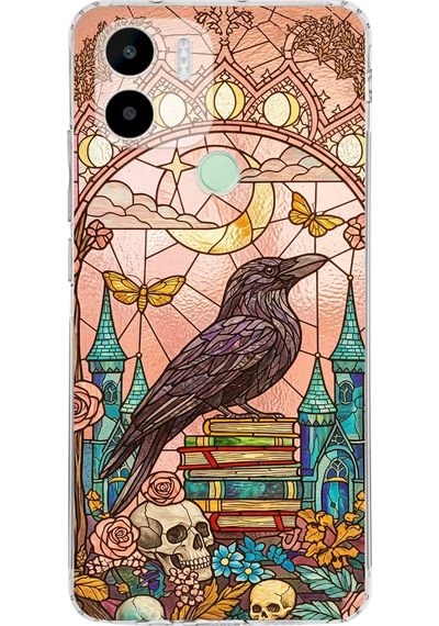 Printify Redmi A1 Plus İle Uyumlu Vitray Bilge Kuzgun Tasarımlı Şeffaf Silikon Kılıf Şeffaf