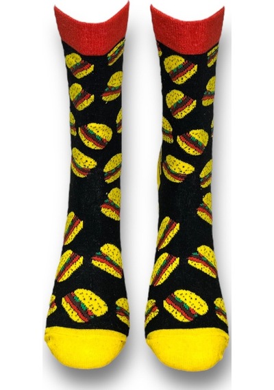 Me-vo Tekli Siyah Renkli Unisex Esnek Nem Alabilen Pamuklu Hamburger Desenli Soket Çorap Siyah