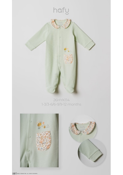 Hafy Baby Çiçek Yakalı, , Şirin Arı Desenli, Patikli Kız Bebek Tulumu Mint Yeşili
