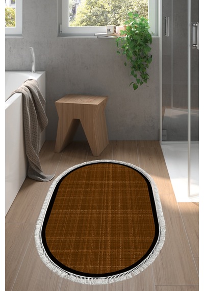 Kaymaz Taban Djt Banyo Mutfak Salon Halı Trend Saçaklı Oval Dokuma Desen E5007 Koyu Kahve