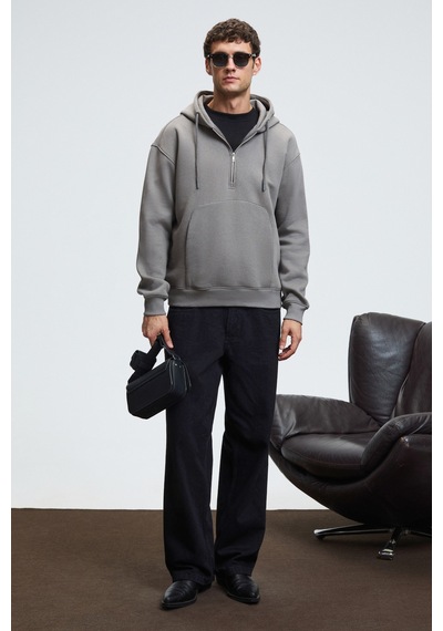 Grimelange JUSTUS Erkek Kapüşonlu Kanguru Cepli Fermuar Yakalı Koyu Gri Sweatshirt