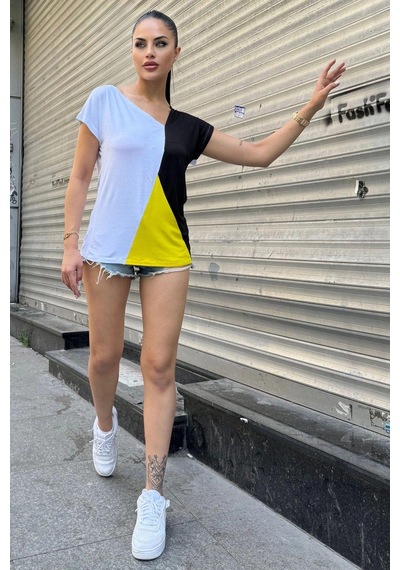 Kadın Sarı & Beyaz Kısa Kol, Color Block Tasarım, Salaş Bluz, Tshirt Sari