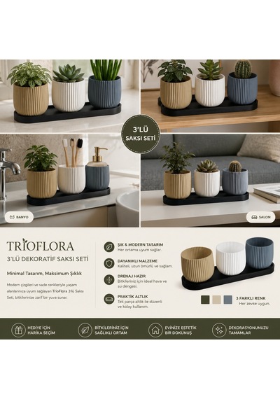 Trıoflora 3'lü Dekoratif Saksı Seti