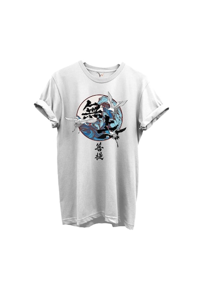 Japon Sanatı Stilinde Turna Kuşları Ve Dalga Desenli %100 Pamuk Regular Fit Unisex T-shirt Beyaz