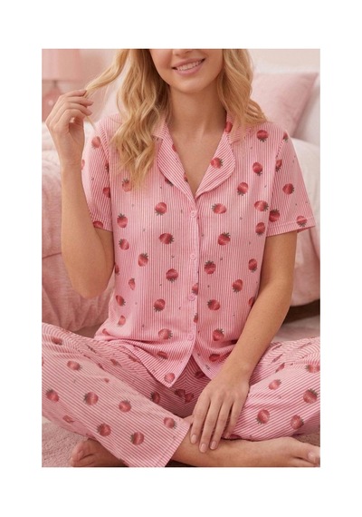 Fit Women Çilek Desenli Düğmeli Kısa Kollu Pijama Takımı 4588 PEMBE
