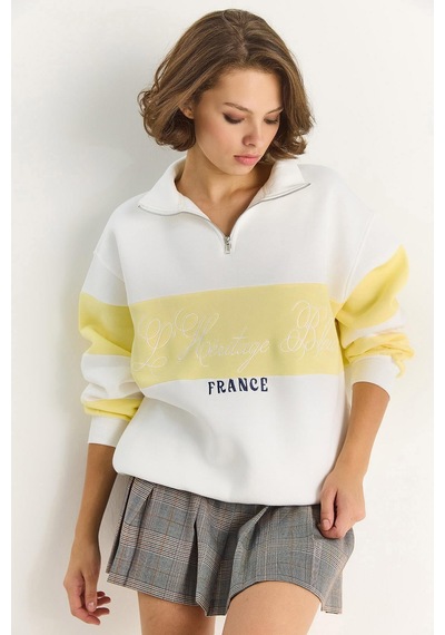 Shade Kadın Yarım Fermuarlı Nakış Detaylı Renk Bloklu Oversize Sweatshirt 10001 60283561 - Beyaz-sarı Çok Renkli Shade Kadın Yarım Fermuarlı Nakış Detaylı Renk Bloklu Oversize Sweatshirt 10001 60283561 - Beyaz-sarı Çok Renkli