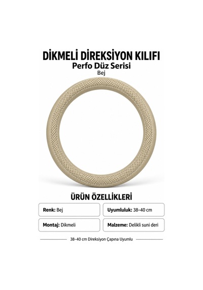 Trobus Mitsubishi L200 2015-2023 Uyumlu Dikmeli Direksiyon Kılıfı Perfo Düz Delikli Deri Bej