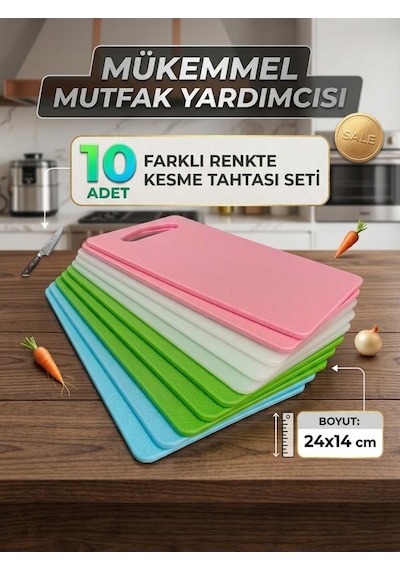 10'lu Plastik Kesme Tahtası Seti 24x14 Cm Çeşitli Renklerde Mutfak Doğrama Ve Kesme Tahtası Renkli