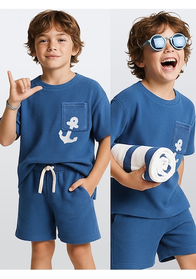 Denokids Erkek Çocuk Takım Havlu Kumaş Oversize T-shirt & Şort – Çapa Takım 7-12 Yaş
