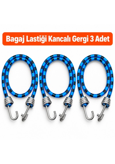 Bagaj Lastiği Kancalı Gergi 3 Adet - 90 Cm Bagaj Lastiği/halatı - Mavi-siyah Renk Mavi - Siyah