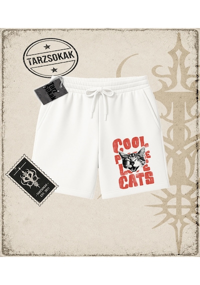 Tarzsokak Gotik & Grunge Streetwear Cool Cats Unisex Şort Beyaz