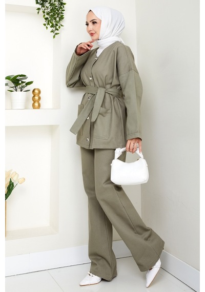 Bestenur Kemerli Ceket Pantolon Gabardin Takım 1557 - Mint Mint Yeşili