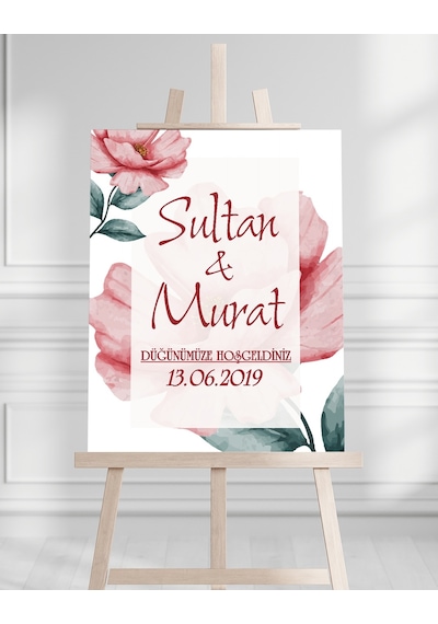 Söz Nişan Düğün İçin 50x70 Karşılama Panosu - Pembe Çiçek Tasarımlı Beyaz