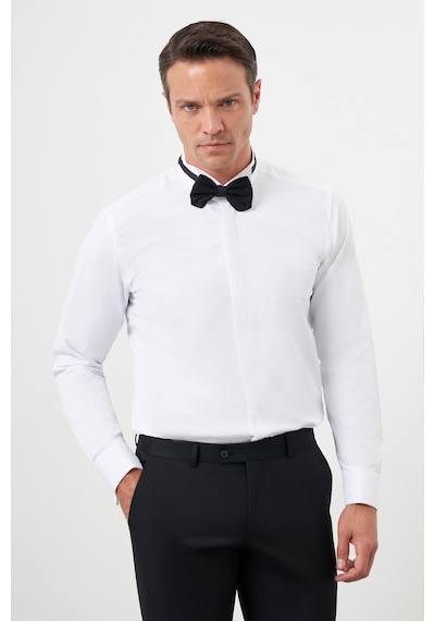 Morven Erkek Beyaz Manşetli Düz Desen Ata Yaka Slim Fit Gömlek Beyaz