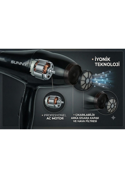 Sunny Powerx Sn6sktr25s Ac Motorlu 2 Kademe Isı 3 Kademe Hız Ayarlı Saç Kurutma Makinesi 2200w