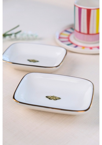 Tabak Evi Kelebek Altın Yaldızlı Dikdörtgen Kayık Tabak 10x7x2cm 2 Li Çok Renkli