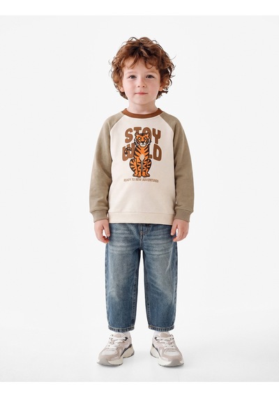 Koton Kaplan Baskılı Bisiklet Yaka Uzun Kollu Şardonlu Oversize Sweatshirt Ekru 7wmb10145tk