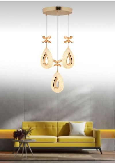 Damla Model 3'lü Gold 3 Renk Modu Ledli Kristal Taşlı Modern Salon Mutfak Oturma Odası Led Avize Gold