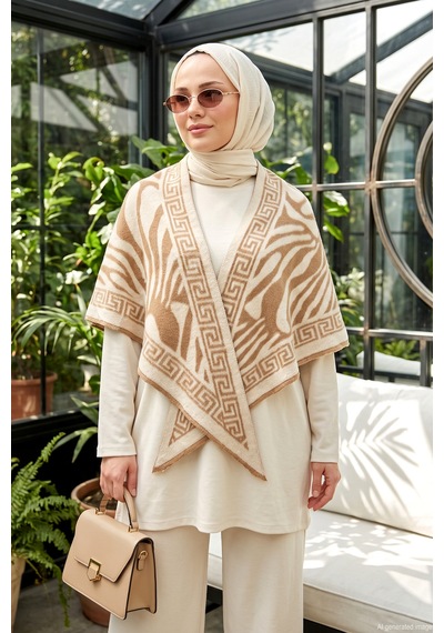 Remsa Kadın Zebra Desenli Kaşmir Dokulu Üçgen Şal 1309 Camel
