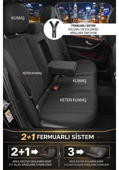 Perfetto Serisi Lüks Keten Üniversal Oto Koltuk Kılıfı - 5 Koltuk Tam Set Kahverengi