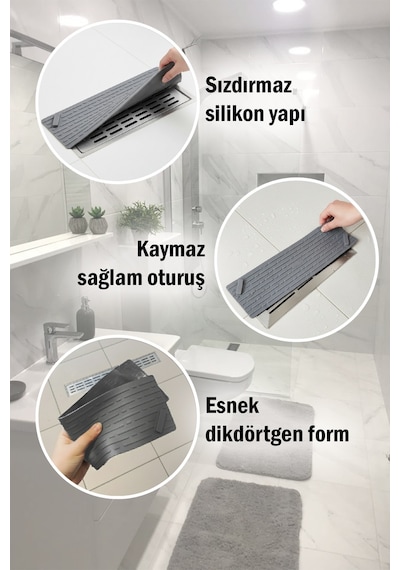 Gri Uzun Silikon Kötü Koku Önleyici Mat Gider Kapağı Tıpası Banyo, Mutfak Ve Balkon Lavabo Gider 37x11 Cm