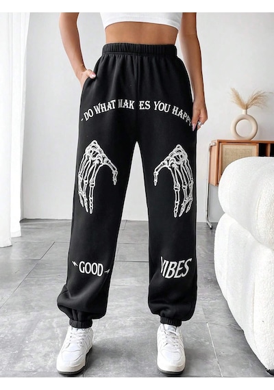 Coolane Skeleton Hand & Letter Graphic Elastic Waist 4 Mevsim Eşofman Siyah