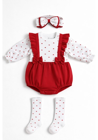 Milays Kız Bebek Bandanalı Çoraplı %100 Pamuk 3 Lü Takım Kırmızı