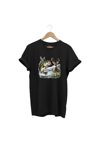 Balıkçılık Ve Avcılık Temalı Geyik, Ördek Ve Turna Balığı Baskılı %100 Pamuk Regular Fit T-shirt Siyah