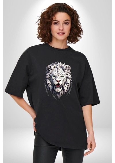 Beyaz Kaplan Kükreme Pamuklu Bisiklet Yaka Unisex Oversize Boyfriend Dijital Baskılı Siyah T-shirt Siyah
