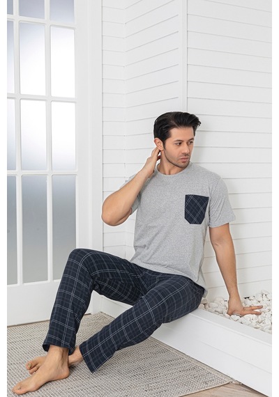 Sude Homewear Erkek Ekoseli Cepli Kısa Kollu Pijama Takımı Gri