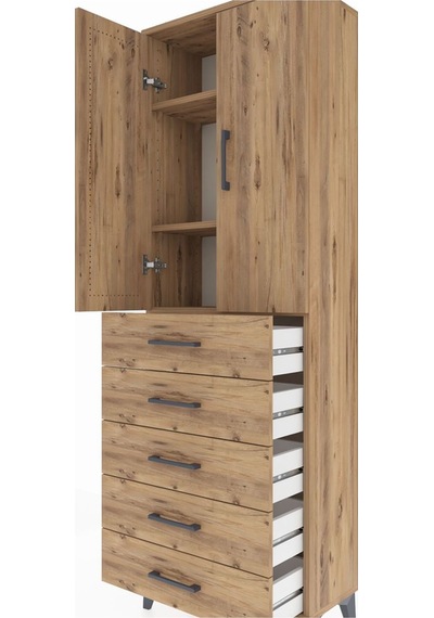 Arges Dolap 3 Raflı 5 Çekmeceli 2 Kapaklı 60x30x182 Çam-çam Çam