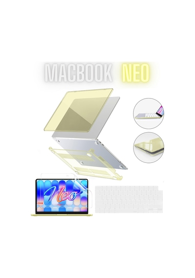 Macbook Neo 13 İnç A3404 Uyumlu Şeffaf Kılıf Ekran Ve Klavye Koruyucu Set Kristal Parlak Kapak Sarı