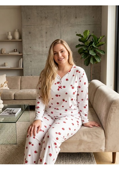 Büyük Beden Uzun Kol Pamuklu Likralı İnterlok Kumaş Pijama Takımı Kırmızı Büyük Beden Uzun Kol Pamuklu Likralı İnterlok Kumaş Pijama Takımı Kırmızı