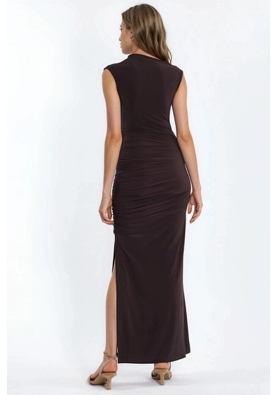 Hiccup Yırtmaç Detaylı Bodycon Sandy Maxi Elbise Mocha Kahvesi