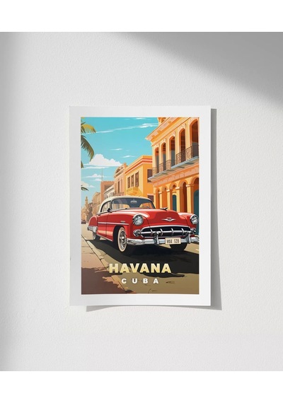 Çerçevesiz Poster Havana Sokaklarında Klasik Bir Araba