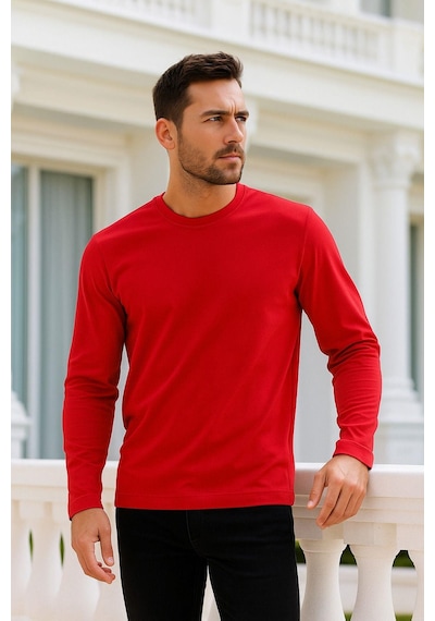 Rich Erkek Uzun Kollu Bisiklet Yaka Tişört - %100 Pamuk Basic Relaxed T-shirt Kirmizi