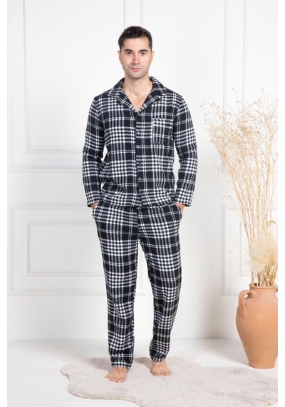 Mecit Pijama Mecit 2950 Erkek Beyaz Ekoseli Büyük Beden Kışlık Pijama Takımı Beyaz