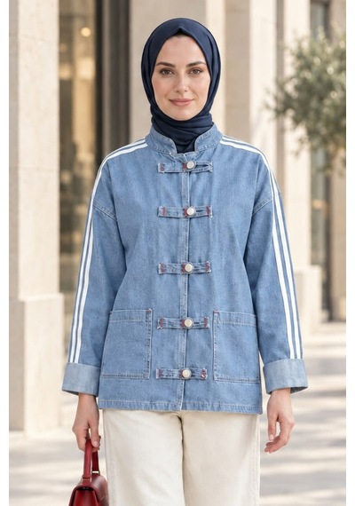 Hb Harma Time Butik Kadın Çizgi Detaylı Düğmeli Cepli Kot Mavi Ceket Mavi Mavi
