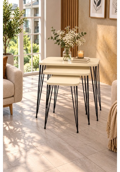 Odera Tel Zigon Sehpa 3'lü Set Metal Ayaklı Modern Retro Salon Sehpası Diğer