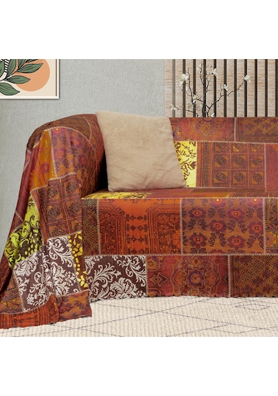 Softmicro Koltuk Örtüsü Çekyat Örtüsü Koltuk Şalı Etnik Desenli Boho Patchwork Kaymaz K Kiremit