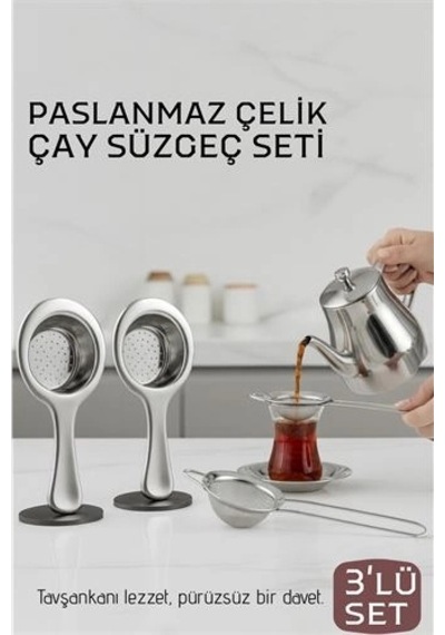 Çay Süzgeci Seti - 3 Parça Profesyonel Ve Kulplu Demlik Filtresi Paslanmaz Çelik 718934 Açık Krem