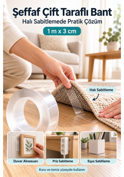 Şeffaf Çift Taraflı Bant Yıkanabilir 1 Metre X 3 Cm