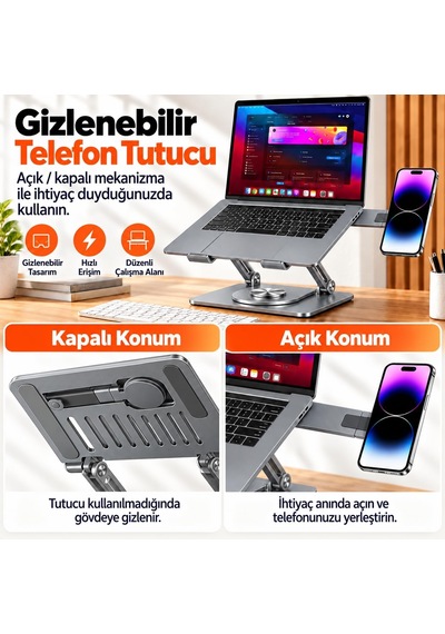 2'si 1 Arada Laptop Standı, Karbon Çelik 360 Döner Yükseklik Ayarlı, Gizlenebilir Magsafe Uyumlu Telefon Tutuculu Notebook Standı, Macbook Uyumlu, 17.3 İnçe Kadar Gri