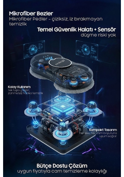 Mioji VLR2 Cam Temizleme Robotu Ultrasonik Su Spreyli Akıllı Navigasyonlu Uzaktan Kumandalı - Siyah