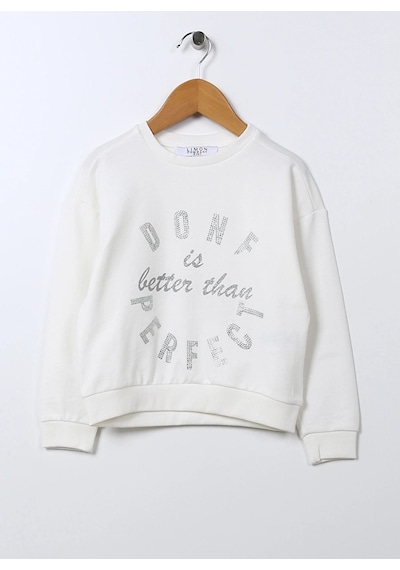 Kız Çocuk Bisiklet Yaka Önü Taş Baskılı Pamuklu Düşük Omuz Ekru Kışlık Sweatshirt/üst Giyim Ekru