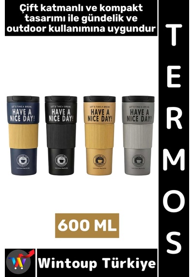 Wintoup Termos Kamp Outdoor Piknik Ev Ofis Gündelik Hediyelik Şık Detaylı Çift Katmanlı Mug Termos 600 Ml Çok Renkli