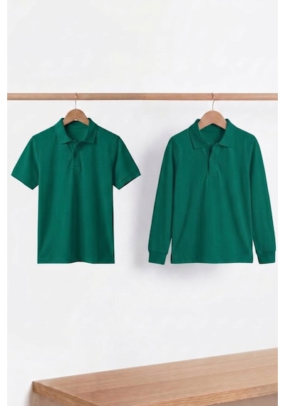 Nacar Store Unisex Çocuk Uzun Ve Kısa Kollu Polo Yaka Okul Tişörtü 2'li Set Zümrüt Yeşil