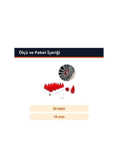 Trobus Sökme Aparatlı Sivri Bijon Kapağı Seti 20 Adet 19 Mm Kırmızı