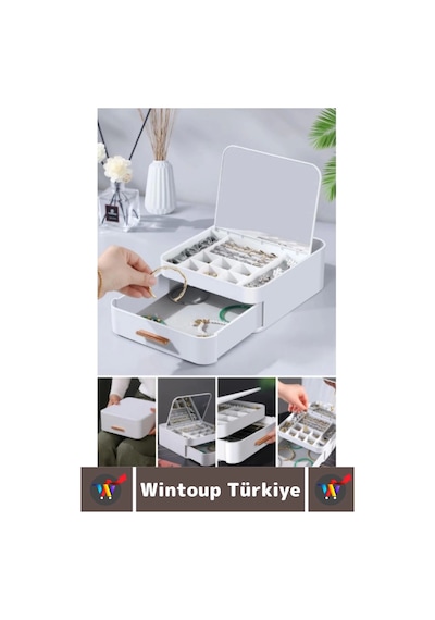 Yüksek Kaliteli Makyaj Yüzük Kolye Küpe Düzenleyici Çok Şık Bölmeli Çekmeceli Aynalı Takı Organizeri Çok Renkli